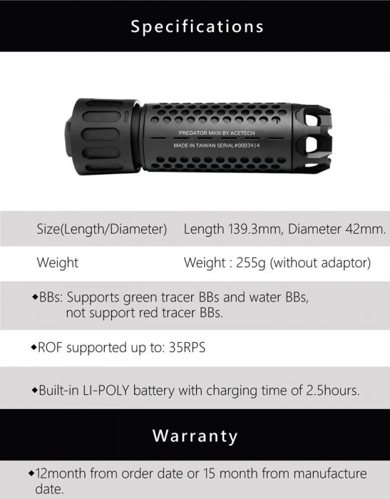 Acetech Predator MKIII Silencer M14 CCW with Blaster M Tracer Inside (Black) (Flame Effect)
